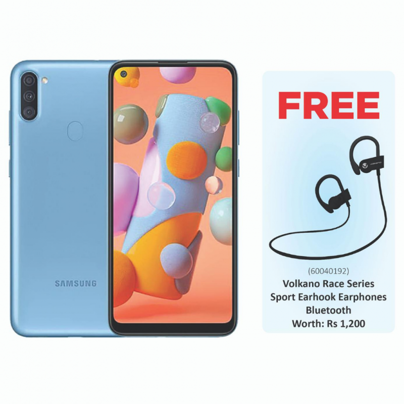 Samsung Galaxy A11 Blue & Free Volkano Race Series Sport Earhook Earphones – Bluetooth VK-1008-BKBL